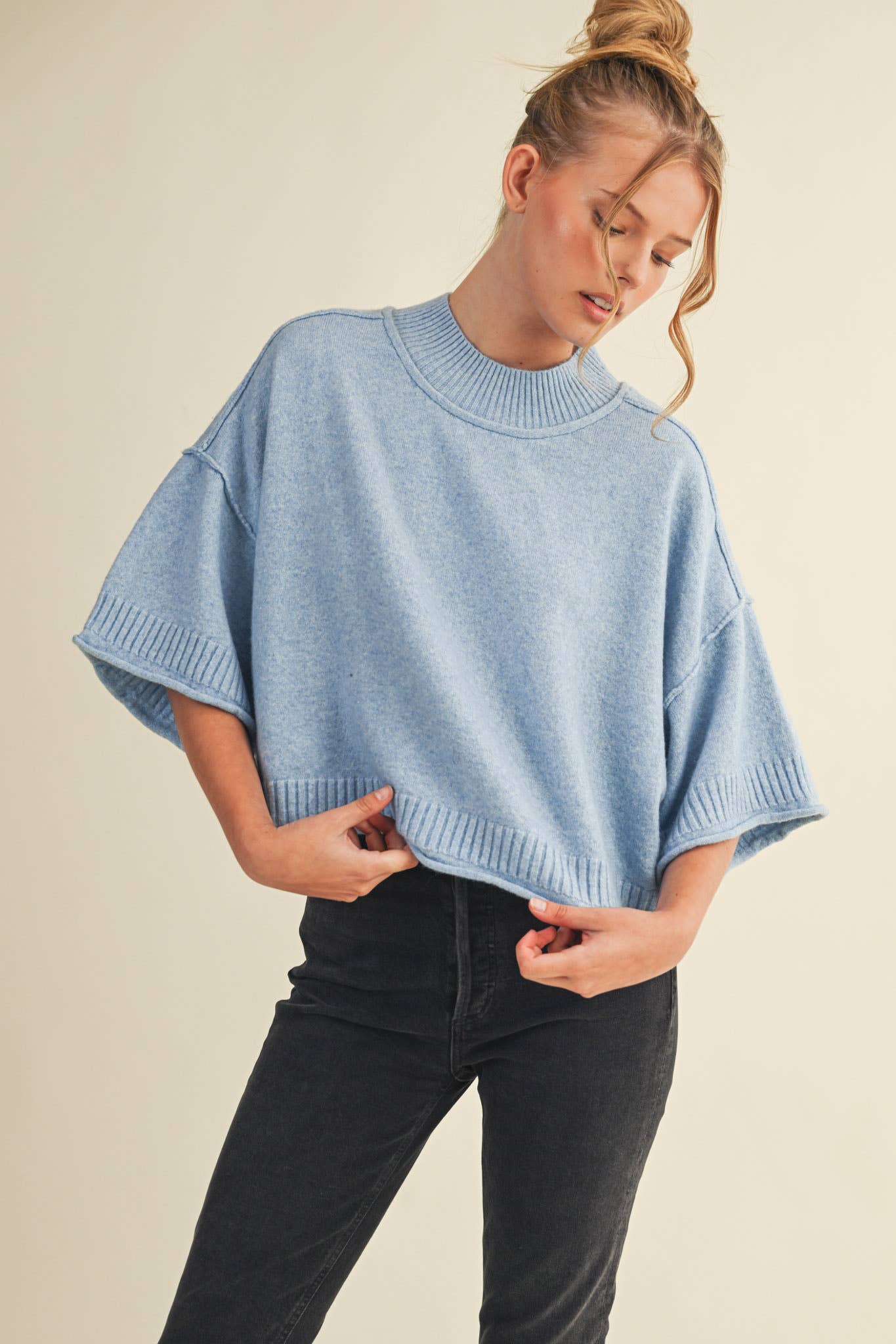 MARLED KNIT MOCK NECK SHORT SLEEVE SWEATER MSW11178: Mocha Mousse / S