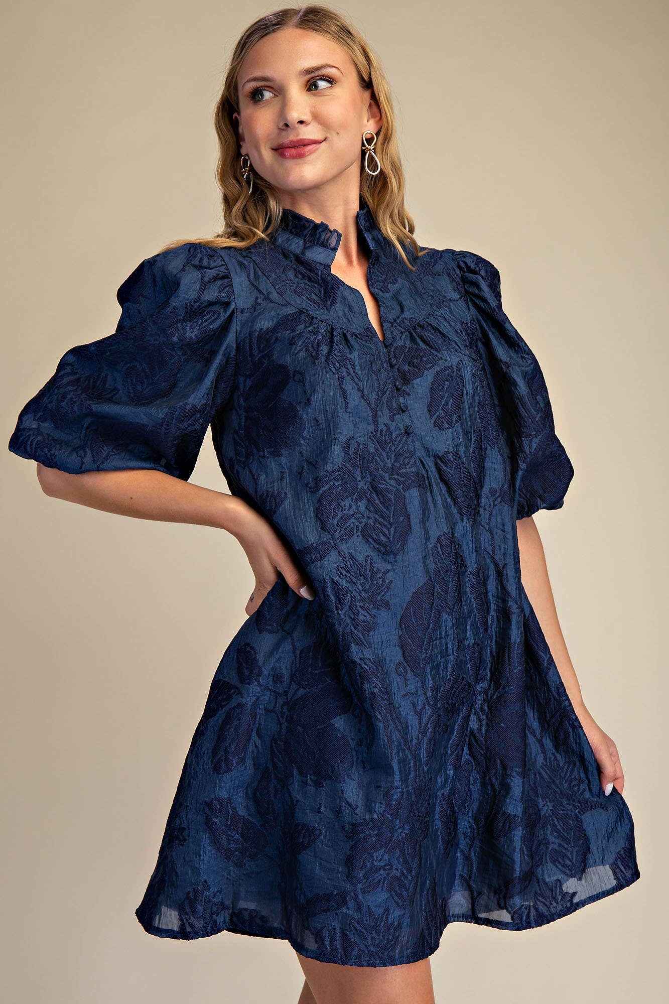 Ruffled Neck with Volume Sleeve Dress: Green / S