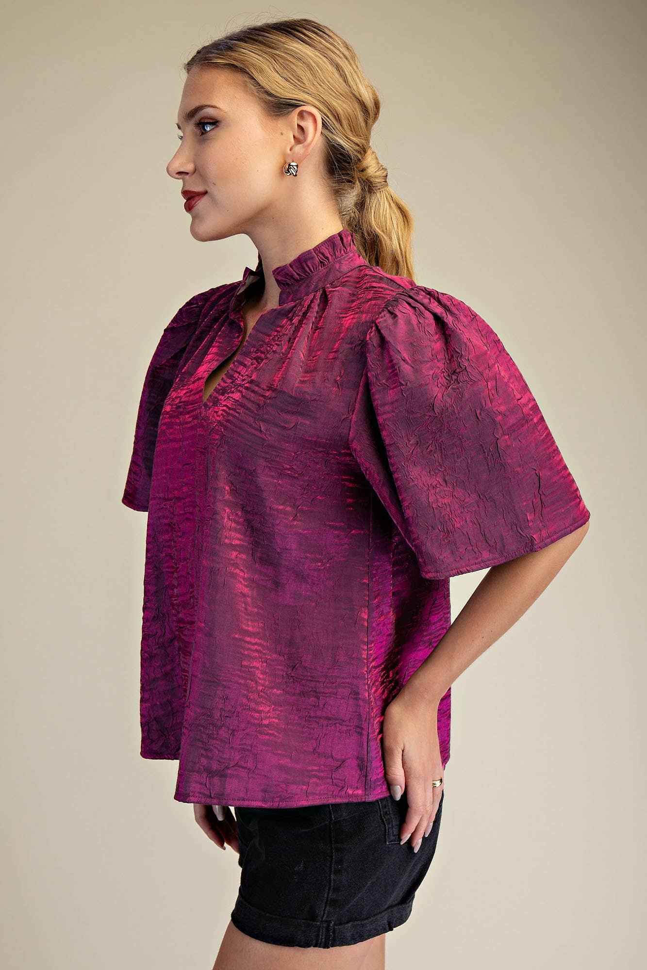 V-Neckline Short Flutter Sleeves Top: Brown / S