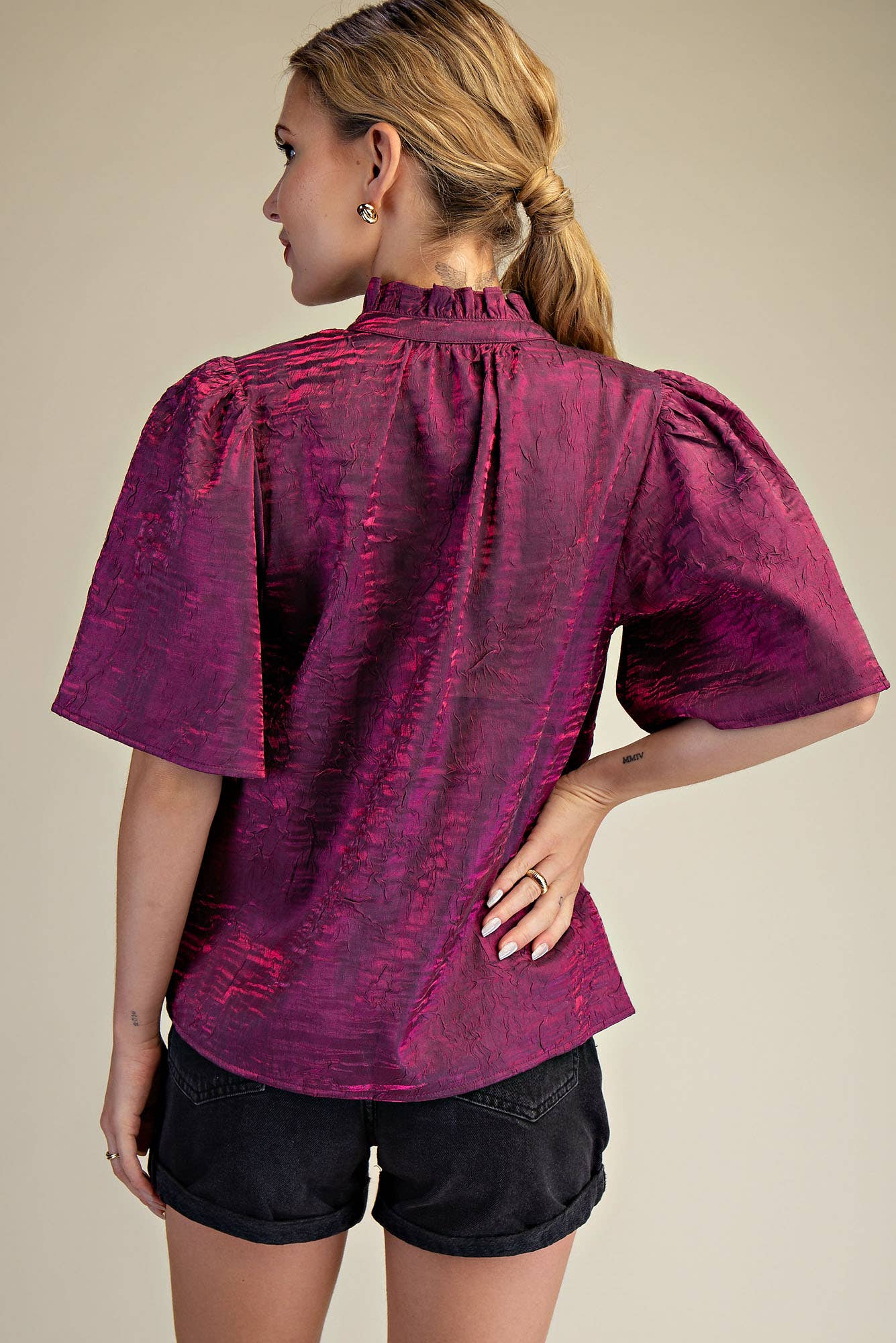 V-Neckline Short Flutter Sleeves Top: Brown / S