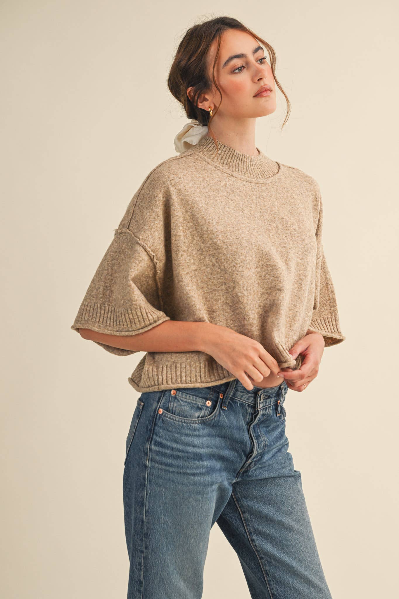 MARLED KNIT MOCK NECK SHORT SLEEVE SWEATER MSW11178: Mocha Mousse / S