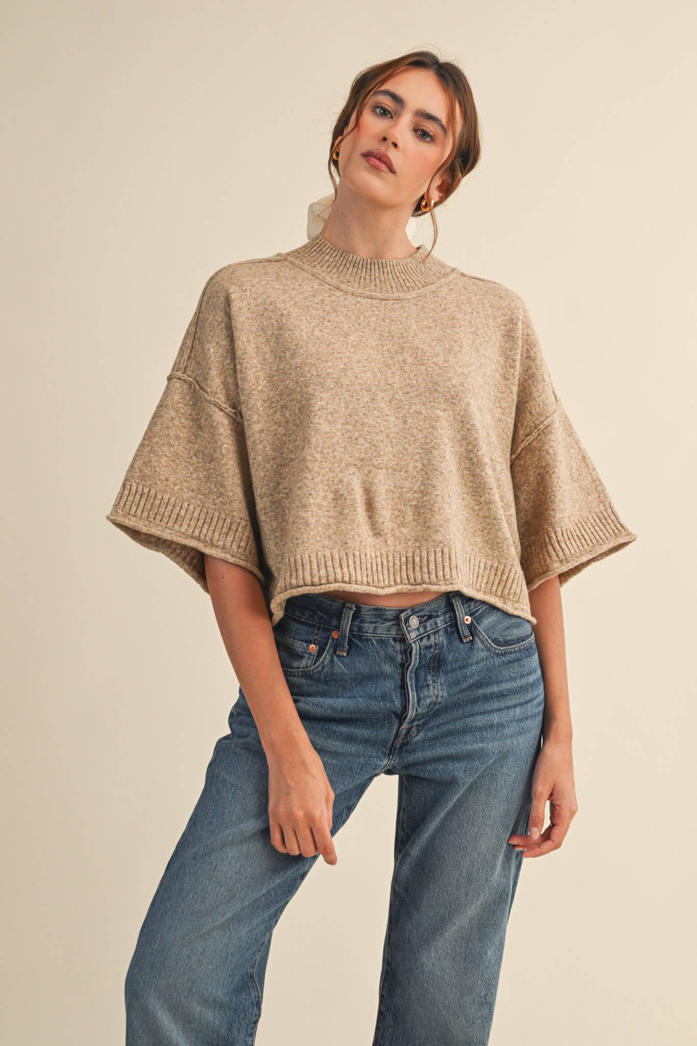 MARLED KNIT MOCK NECK SHORT SLEEVE SWEATER MSW11178: Mocha Mousse / S