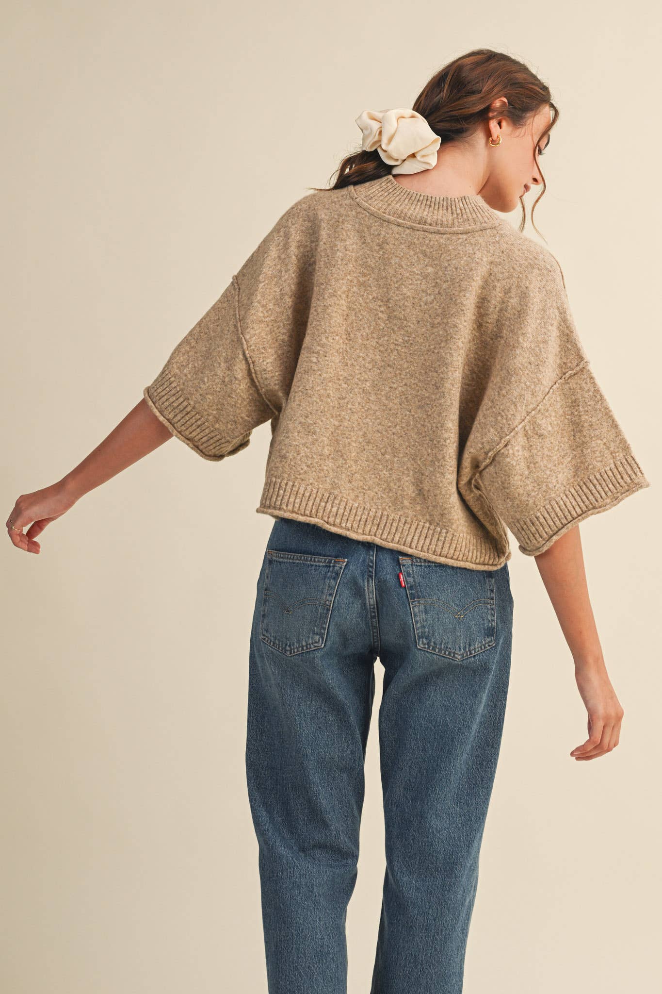 MARLED KNIT MOCK NECK SHORT SLEEVE SWEATER MSW11178: Mocha Mousse / S