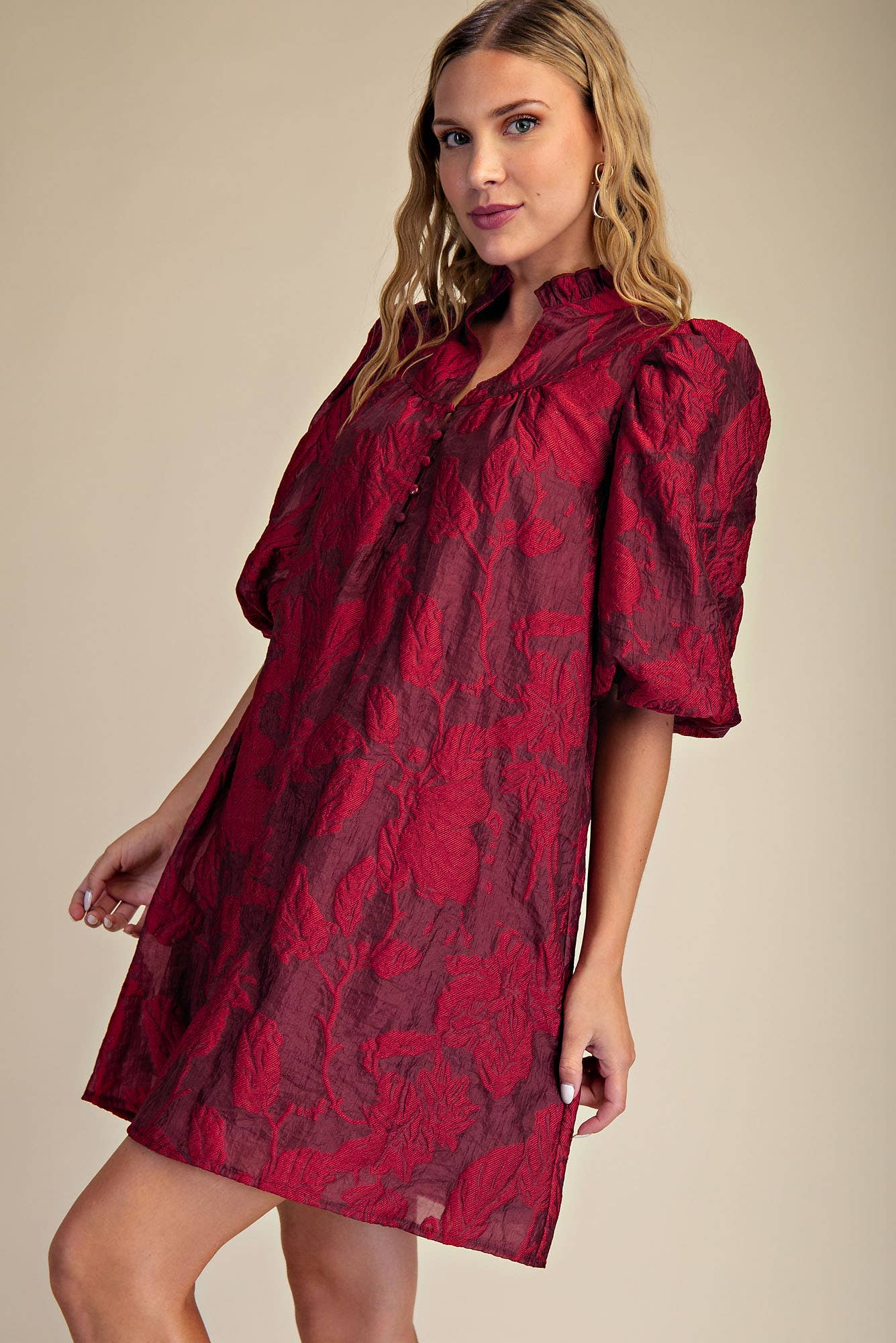 Ruffled Neck with Volume Sleeve Dress: Green / S