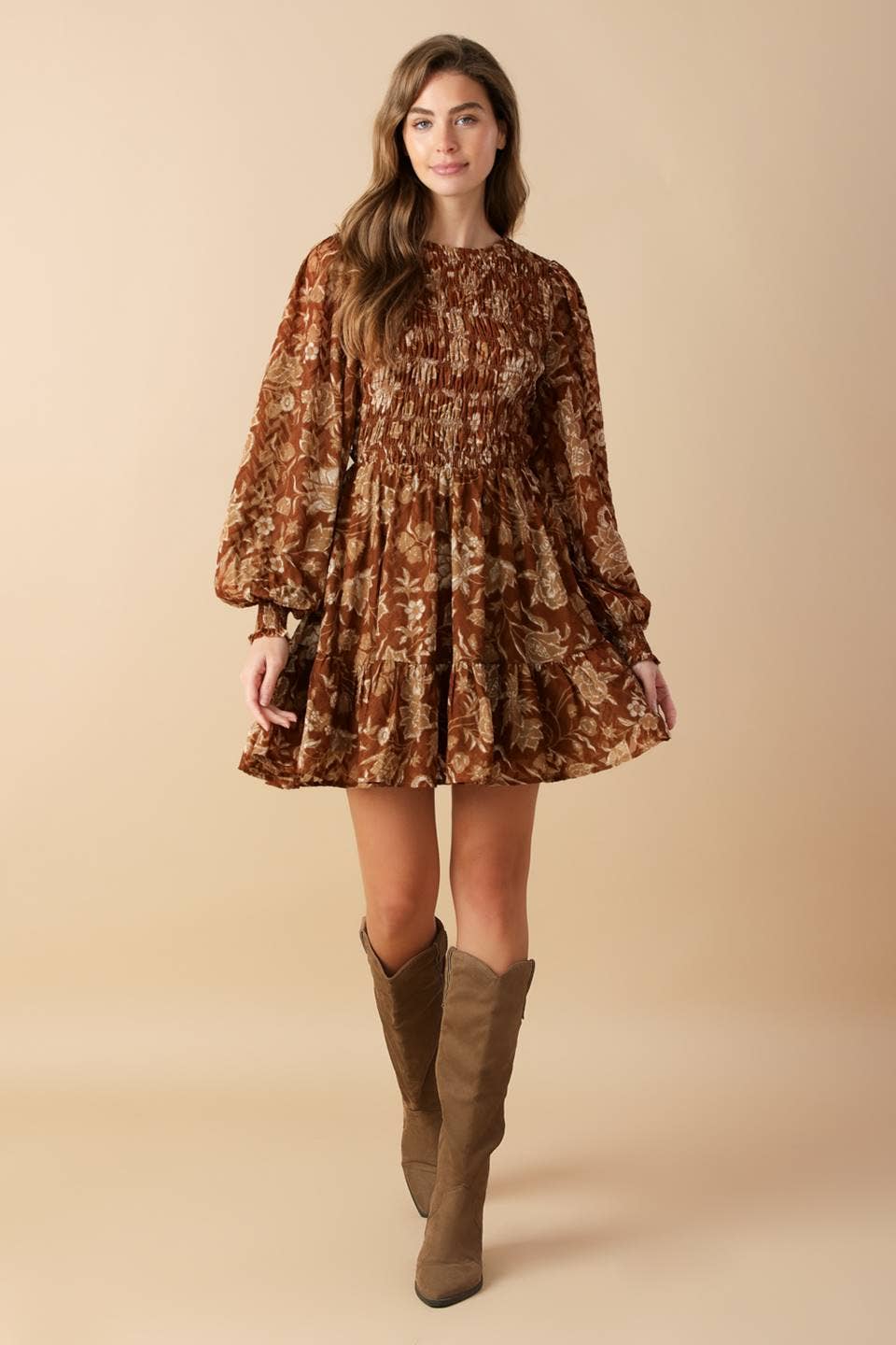 A printed woven mini dress - ID21854: Brown / Contemporary / S