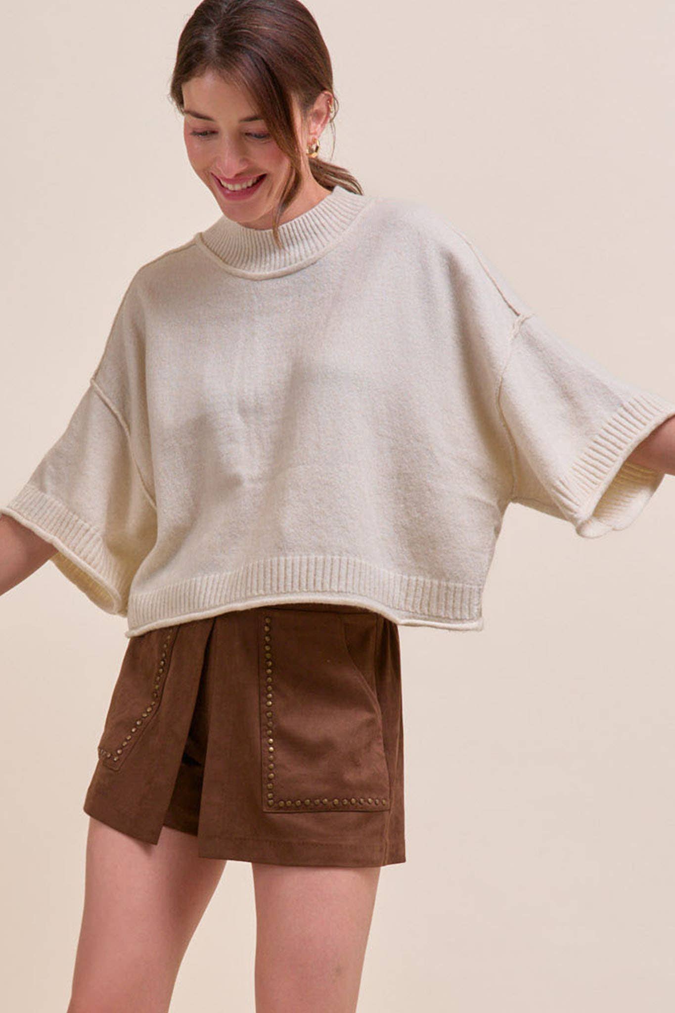 MARLED KNIT MOCK NECK SHORT SLEEVE SWEATER MSW11178: Mocha Mousse / S