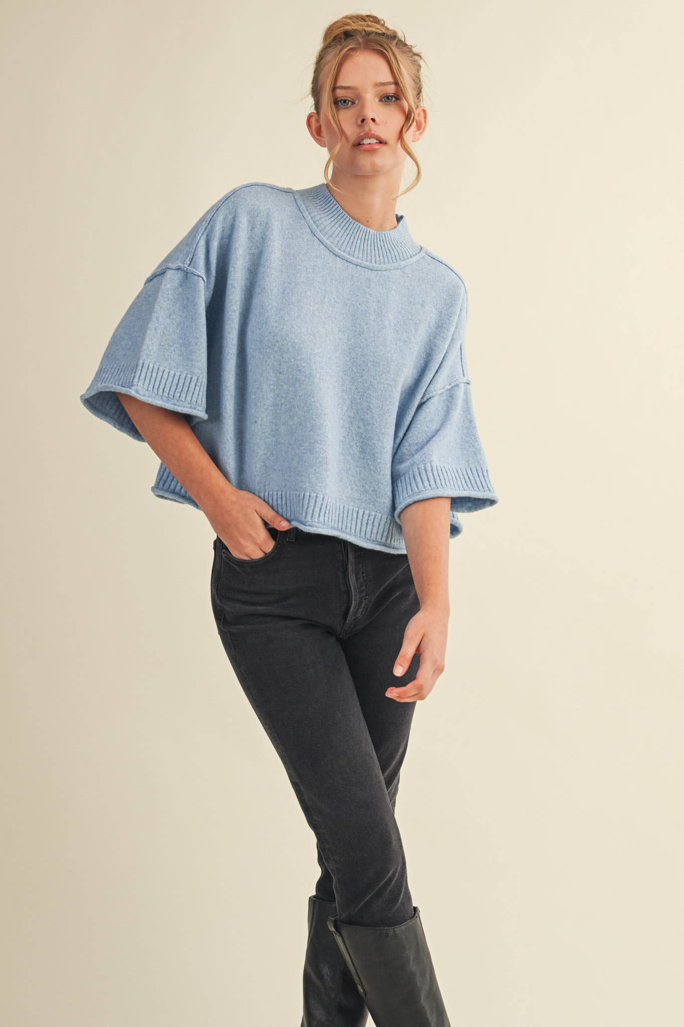 MARLED KNIT MOCK NECK SHORT SLEEVE SWEATER MSW11178: Mocha Mousse / S
