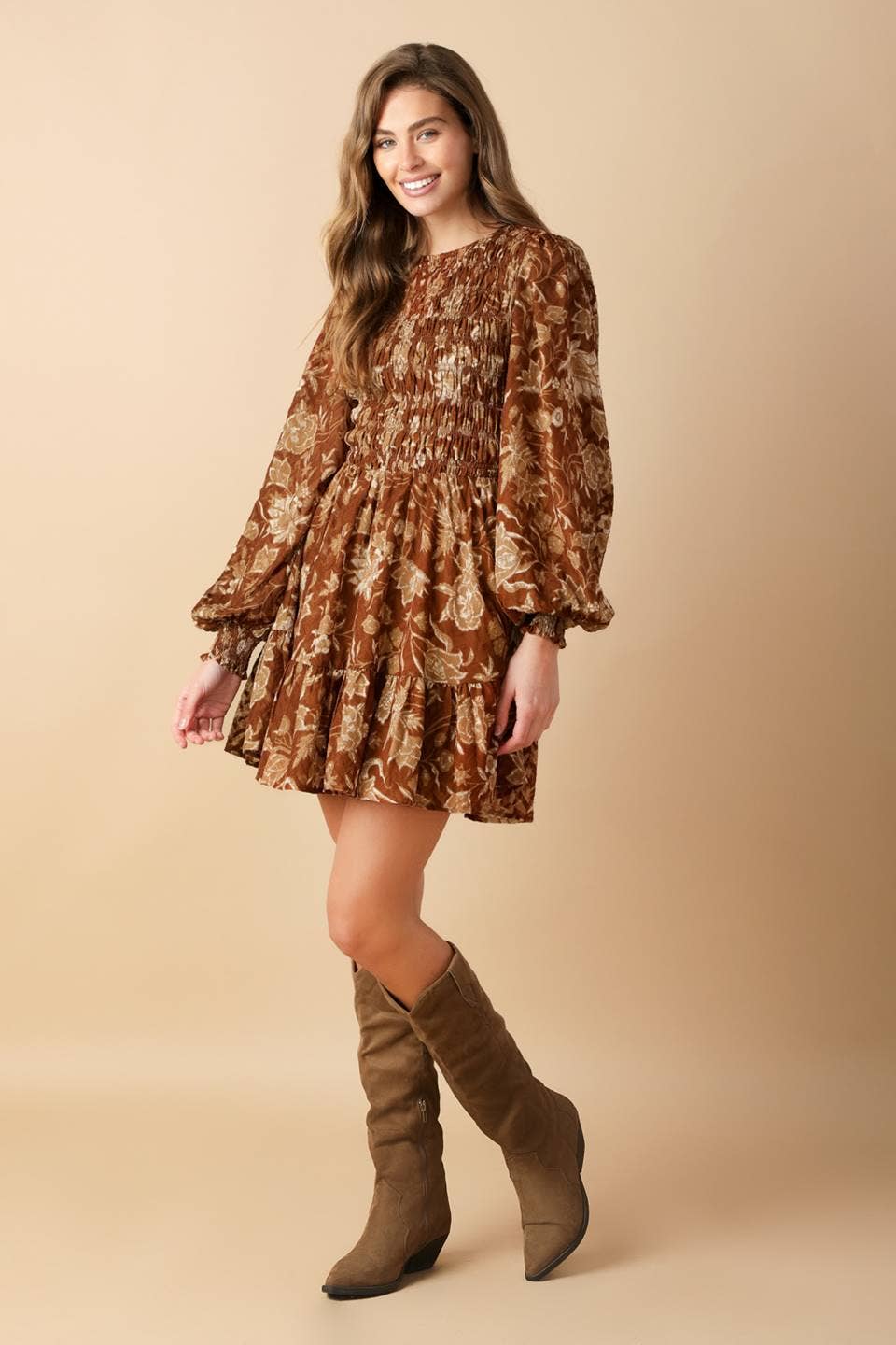 A printed woven mini dress - ID21854: Brown / Contemporary / S