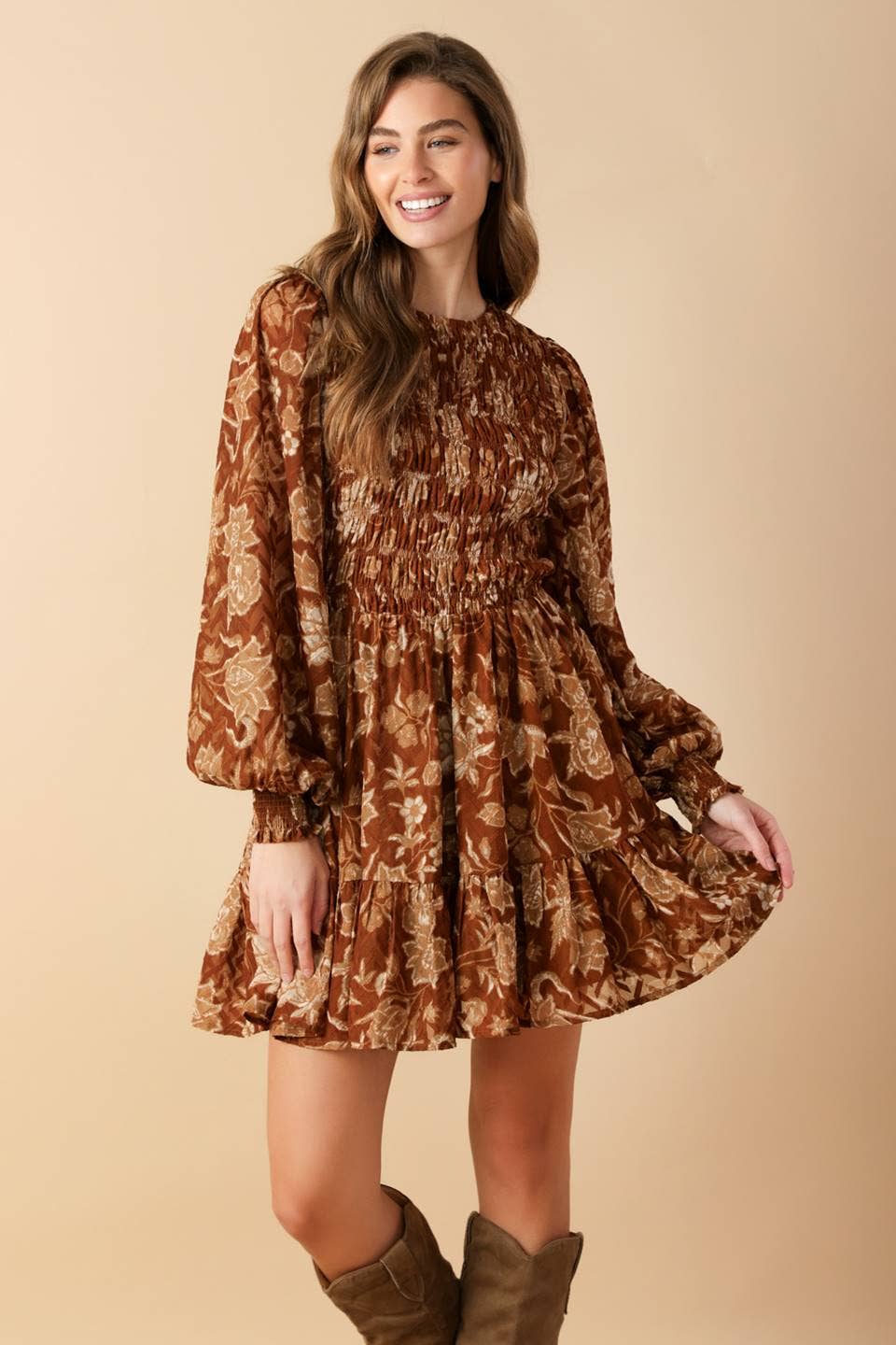 A printed woven mini dress - ID21854: Brown / Contemporary / S
