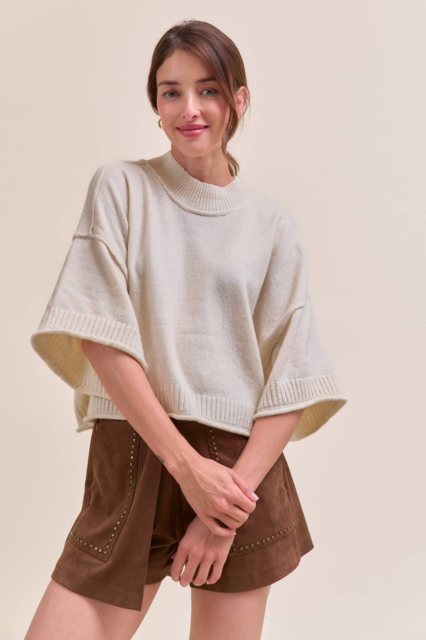 MARLED KNIT MOCK NECK SHORT SLEEVE SWEATER MSW11178: Mocha Mousse / S