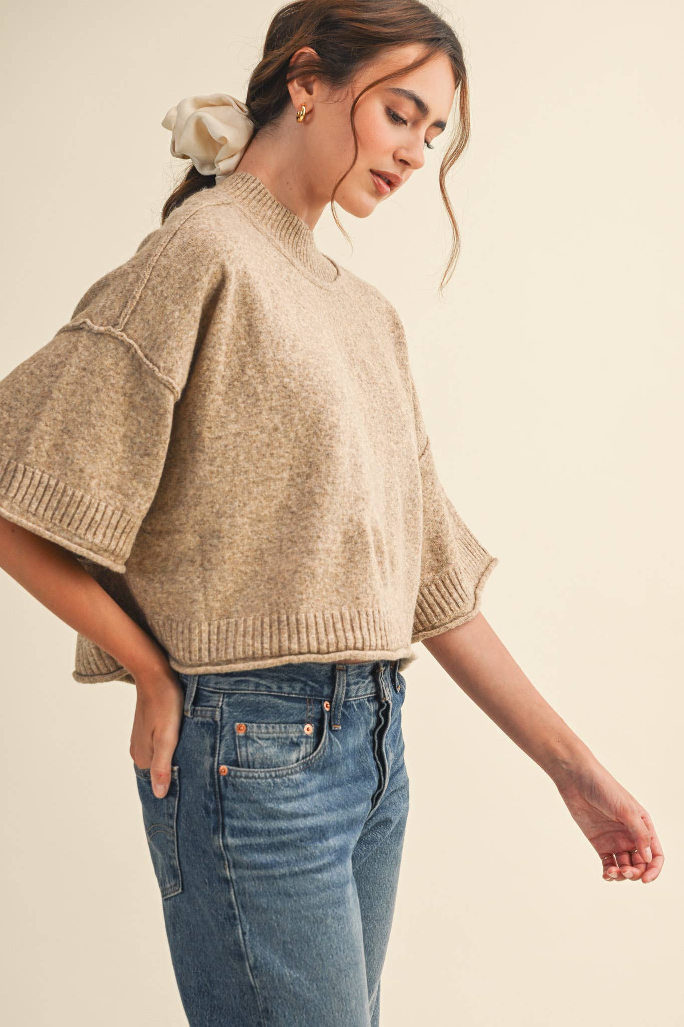 MARLED KNIT MOCK NECK SHORT SLEEVE SWEATER MSW11178: Mocha Mousse / S