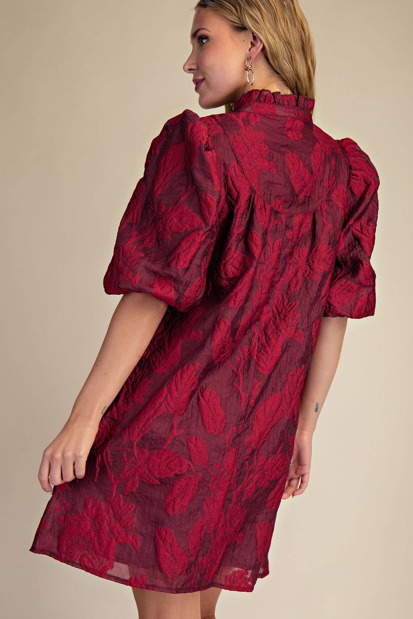 Ruffled Neck with Volume Sleeve Dress: Green / S