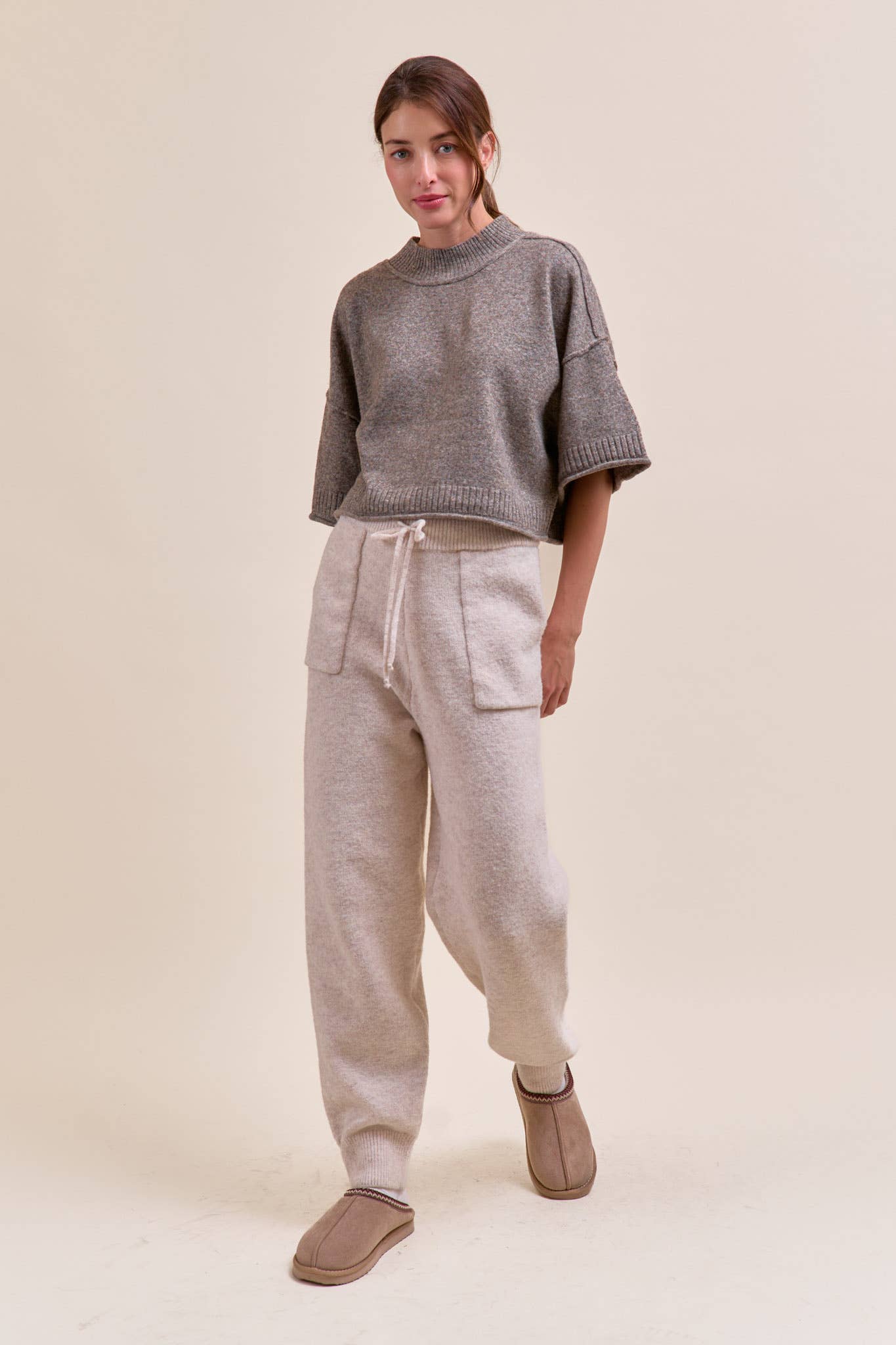 MARLED KNIT MOCK NECK SHORT SLEEVE SWEATER MSW11178: Mocha Mousse / S