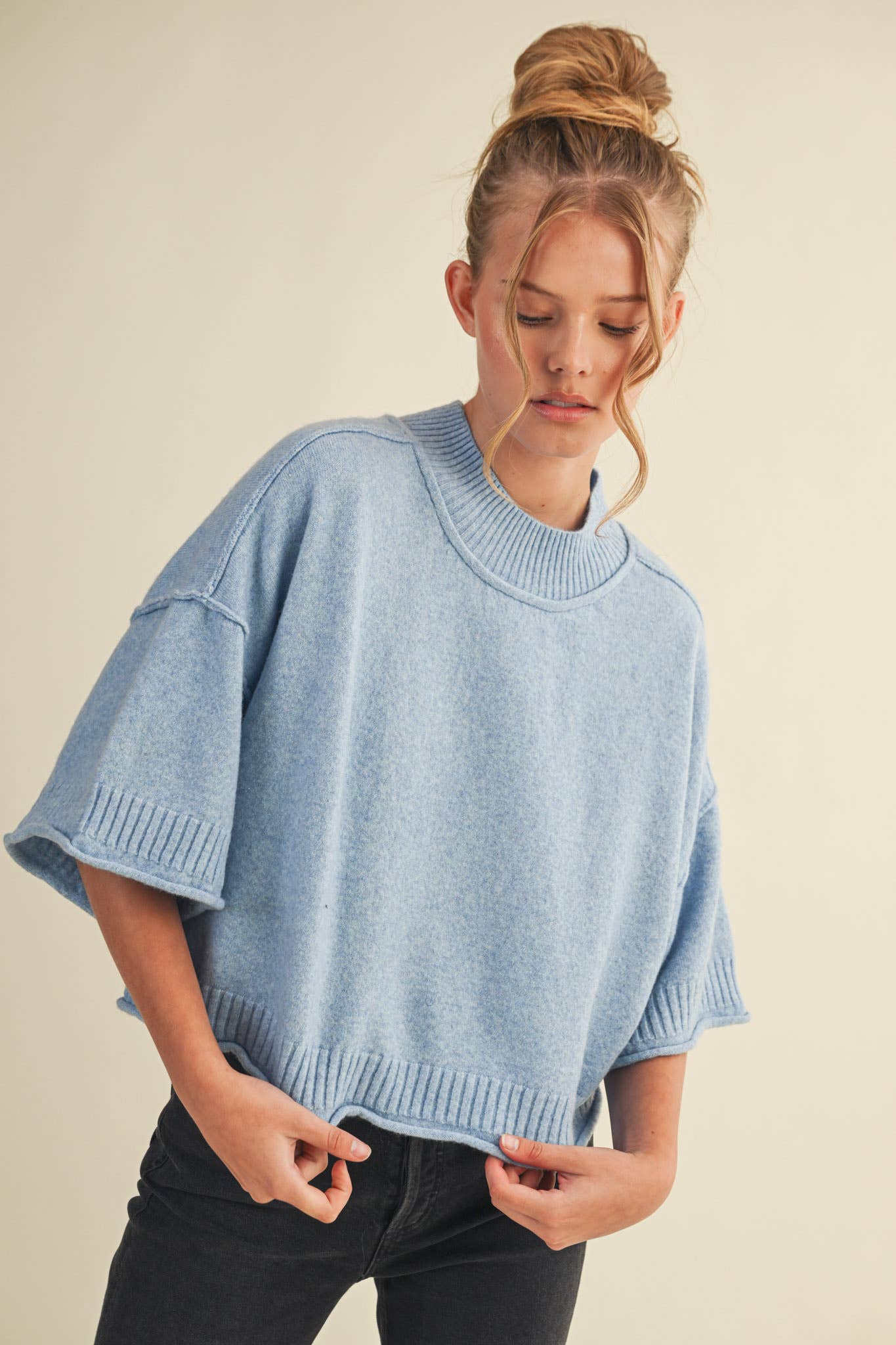 MARLED KNIT MOCK NECK SHORT SLEEVE SWEATER MSW11178: Mocha Mousse / S