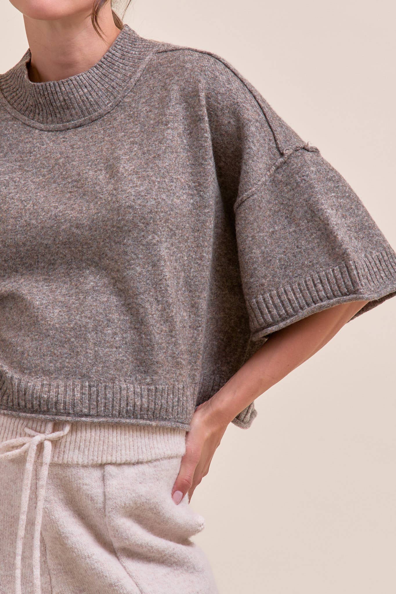 MARLED KNIT MOCK NECK SHORT SLEEVE SWEATER MSW11178: Mocha Mousse / S