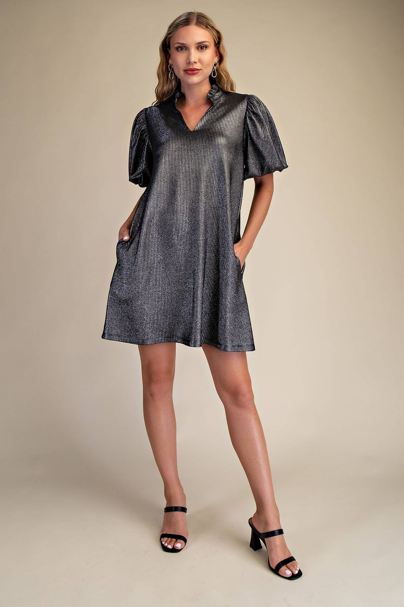 Ruffle V-Neck Puff Sleeve Mini Dress: Burgundy / S