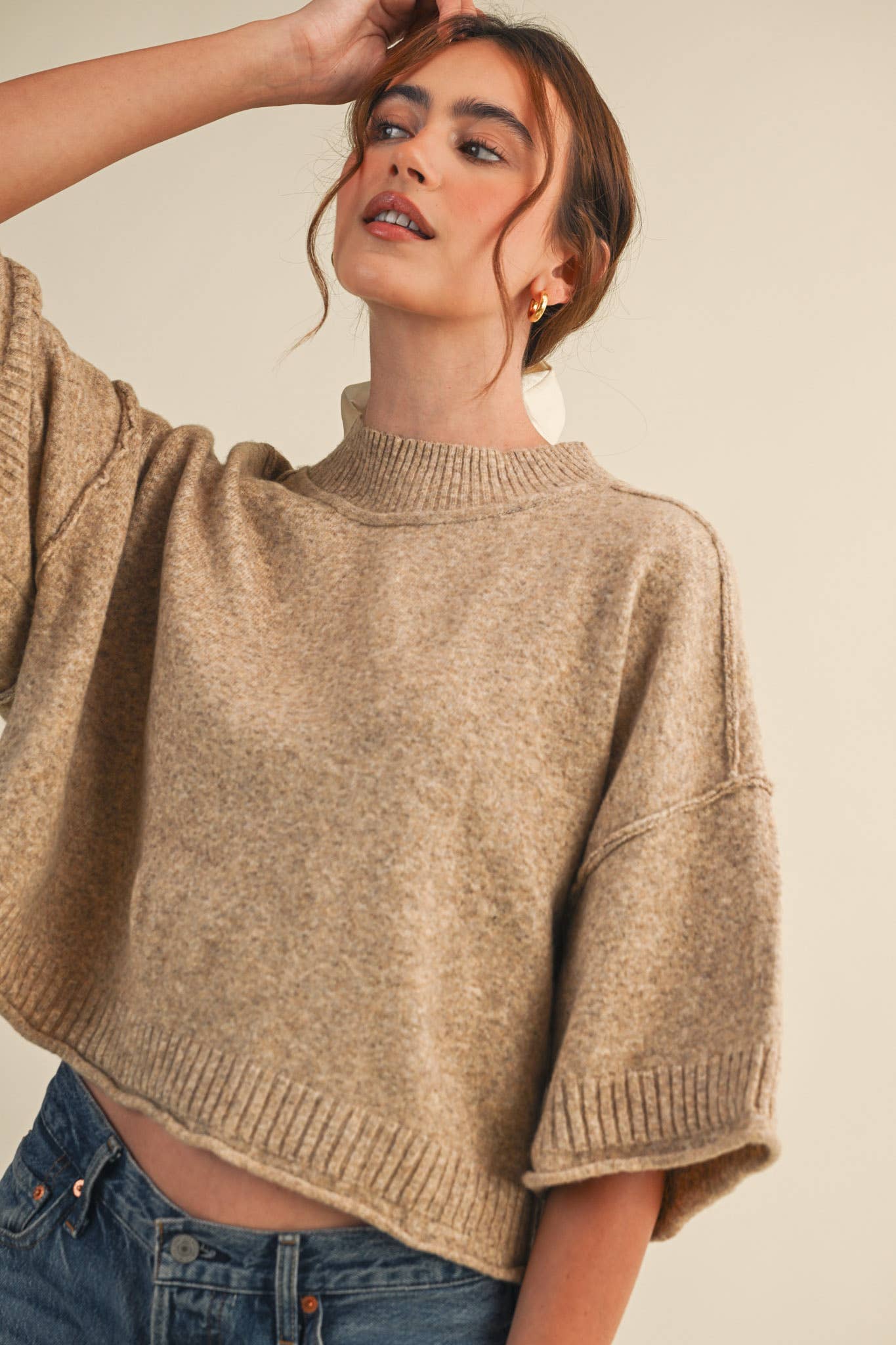 MARLED KNIT MOCK NECK SHORT SLEEVE SWEATER MSW11178: Mocha Mousse / S