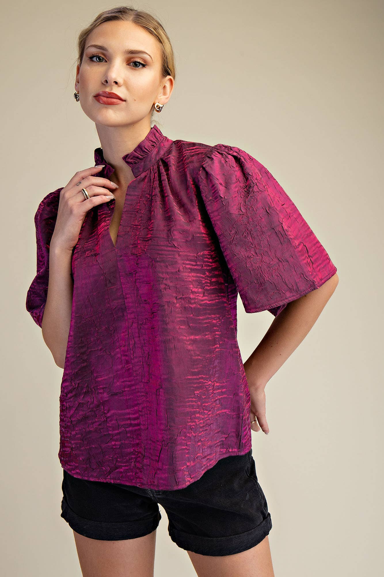 V-Neckline Short Flutter Sleeves Top: Brown / S