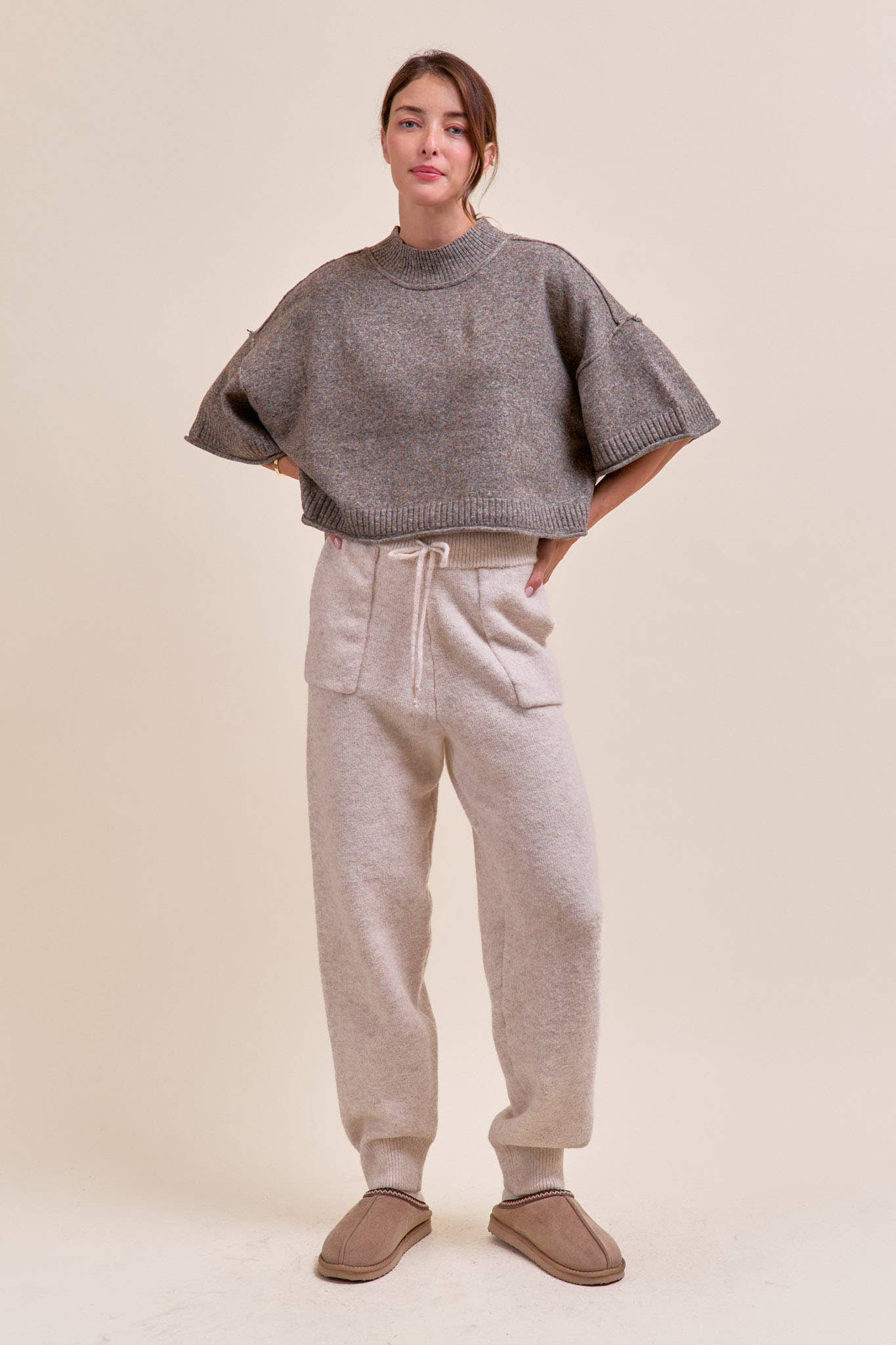 MARLED KNIT MOCK NECK SHORT SLEEVE SWEATER MSW11178: Mocha Mousse / S