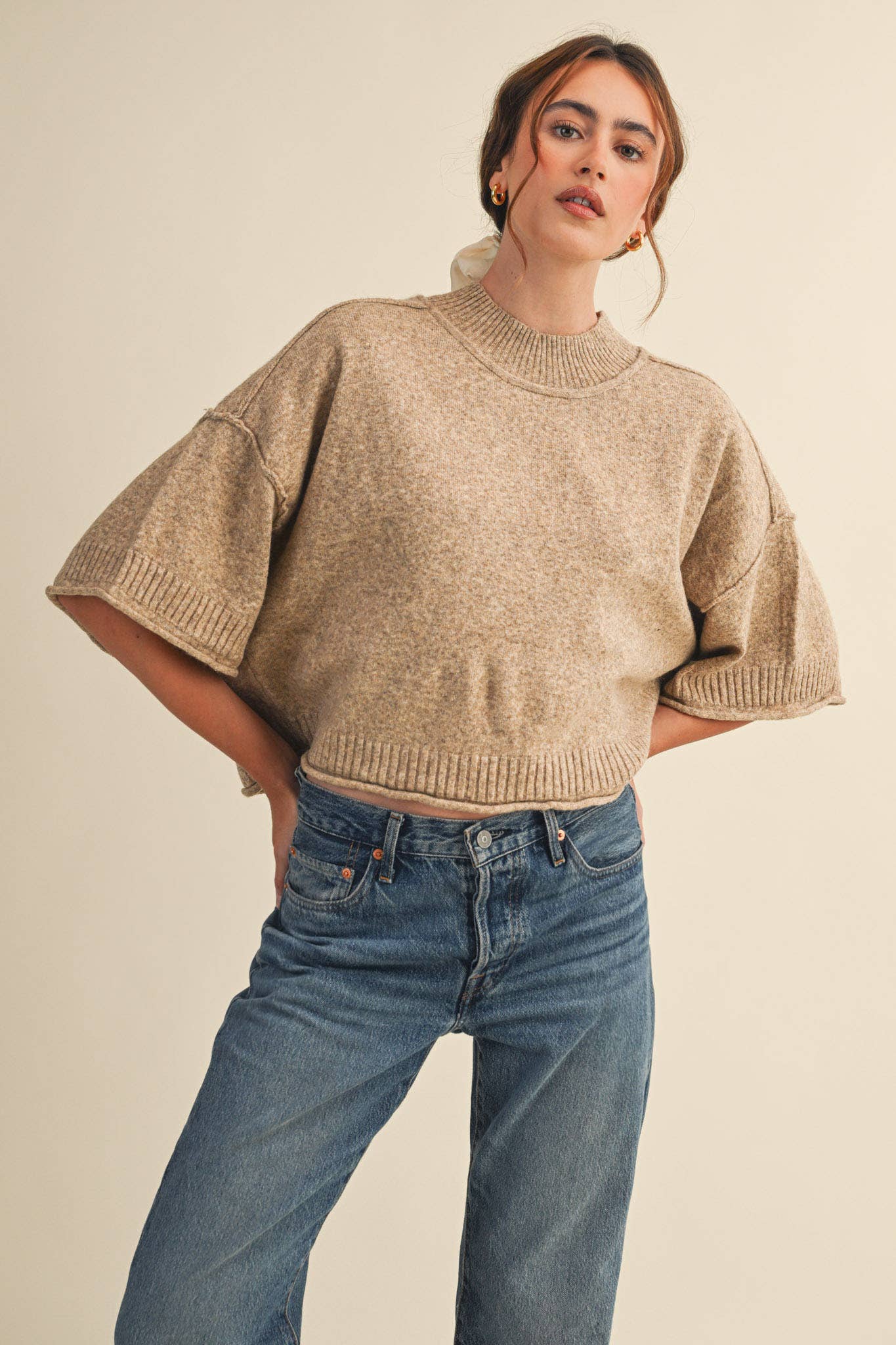 MARLED KNIT MOCK NECK SHORT SLEEVE SWEATER MSW11178: Mocha Mousse / S