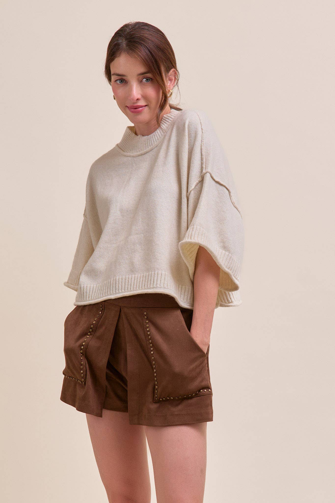 MARLED KNIT MOCK NECK SHORT SLEEVE SWEATER MSW11178: Mocha Mousse / S