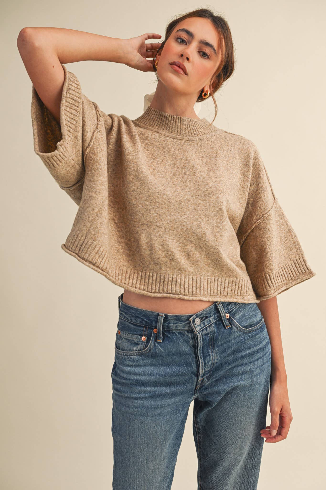 MARLED KNIT MOCK NECK SHORT SLEEVE SWEATER MSW11178: Mocha Mousse / S