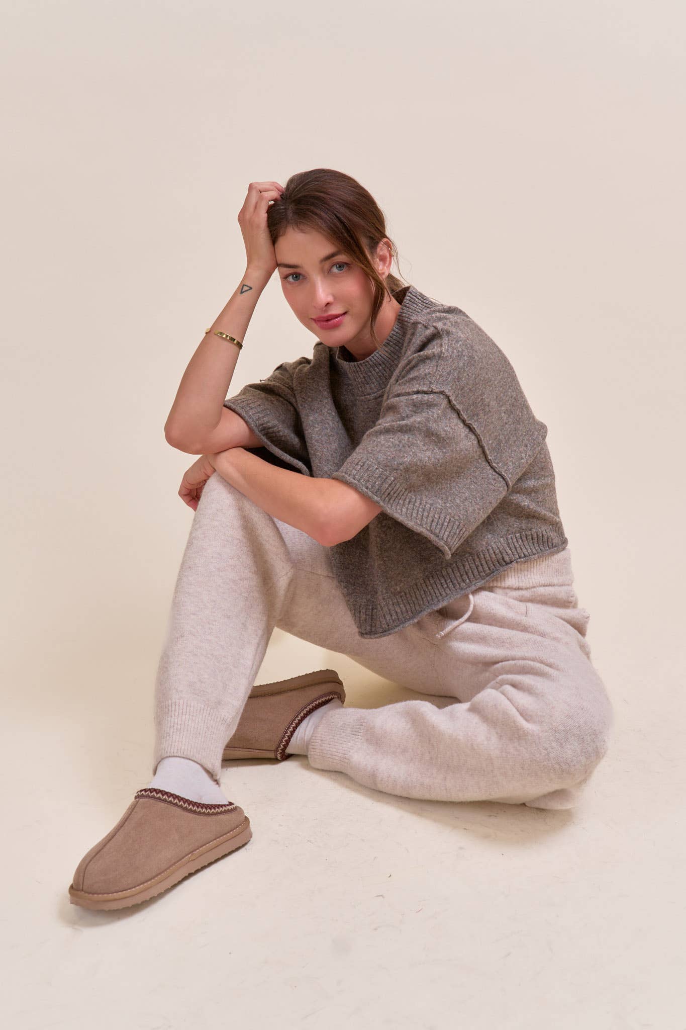 MARLED KNIT MOCK NECK SHORT SLEEVE SWEATER MSW11178: Mocha Mousse / S