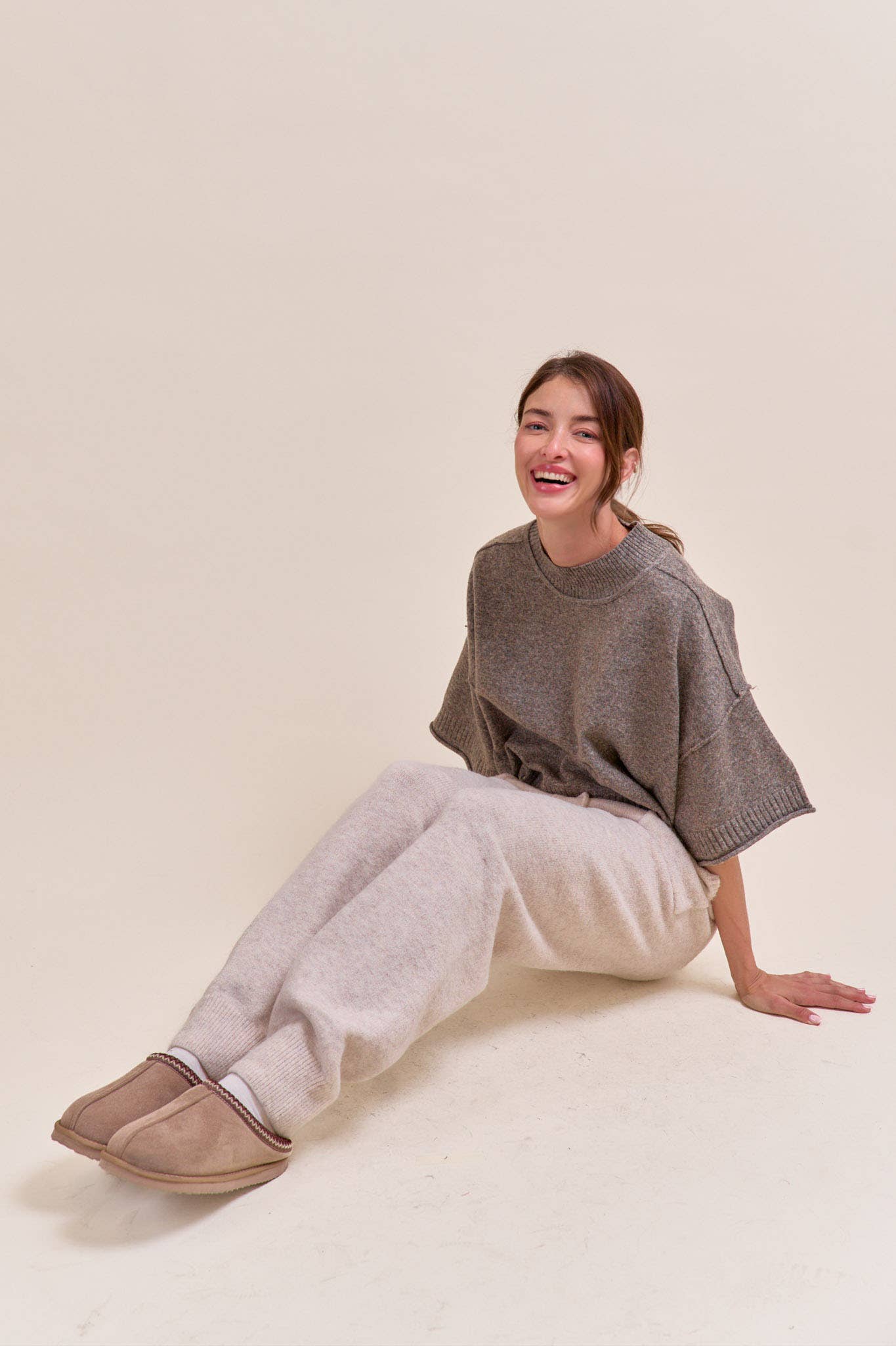 MARLED KNIT MOCK NECK SHORT SLEEVE SWEATER MSW11178: Mocha Mousse / S