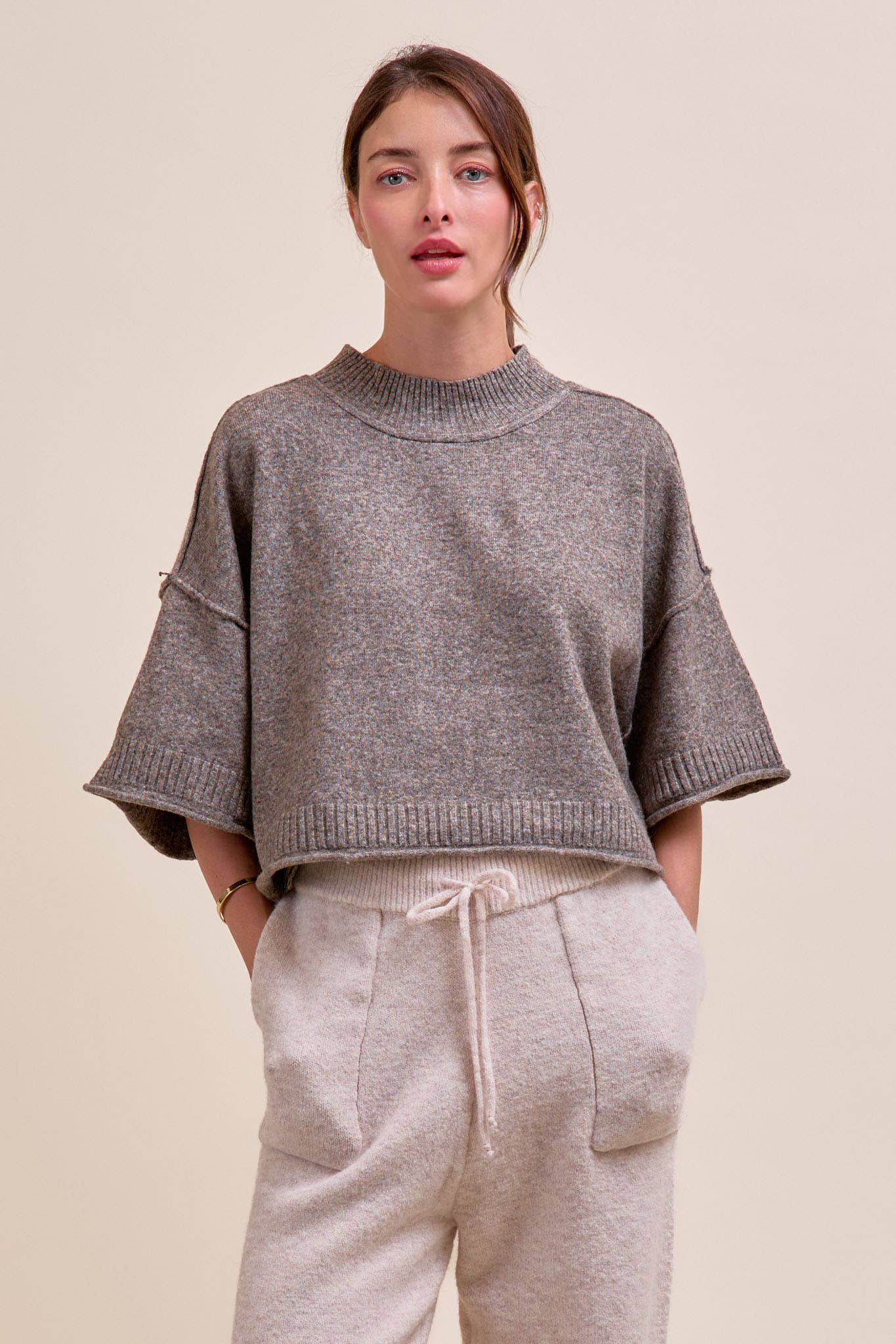 MARLED KNIT MOCK NECK SHORT SLEEVE SWEATER MSW11178: Mocha Mousse / S
