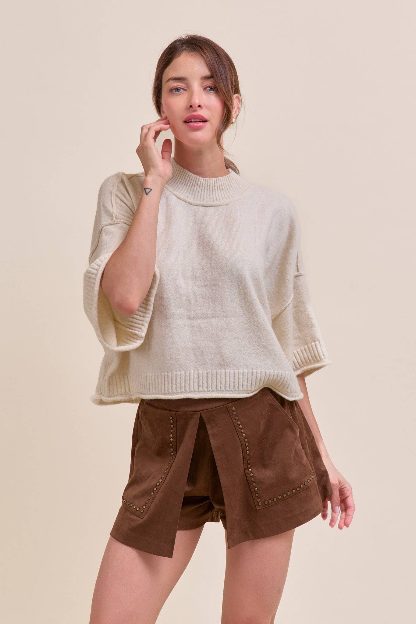MARLED KNIT MOCK NECK SHORT SLEEVE SWEATER MSW11178: Mocha Mousse / S