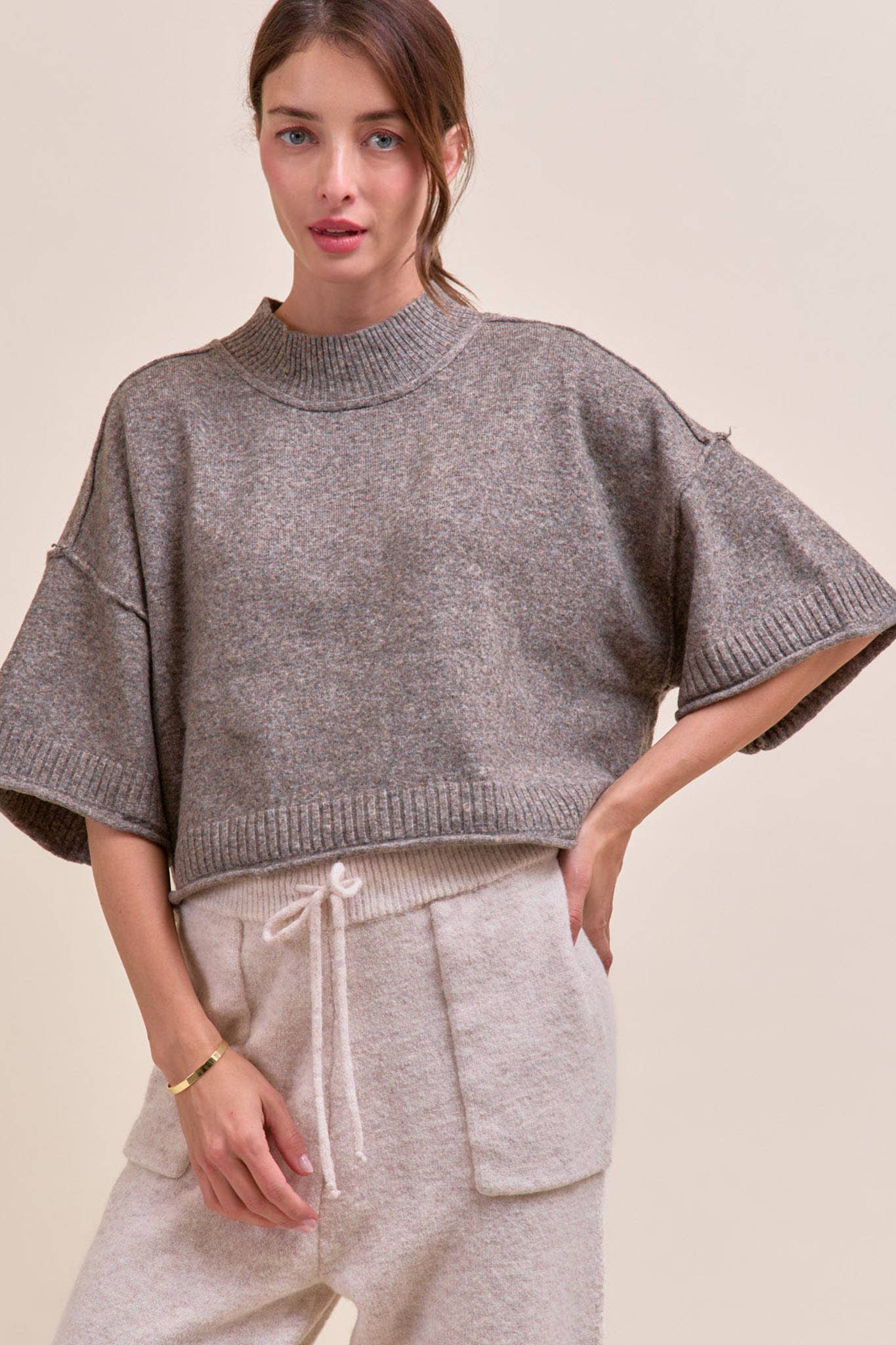 MARLED KNIT MOCK NECK SHORT SLEEVE SWEATER MSW11178: Mocha Mousse / S