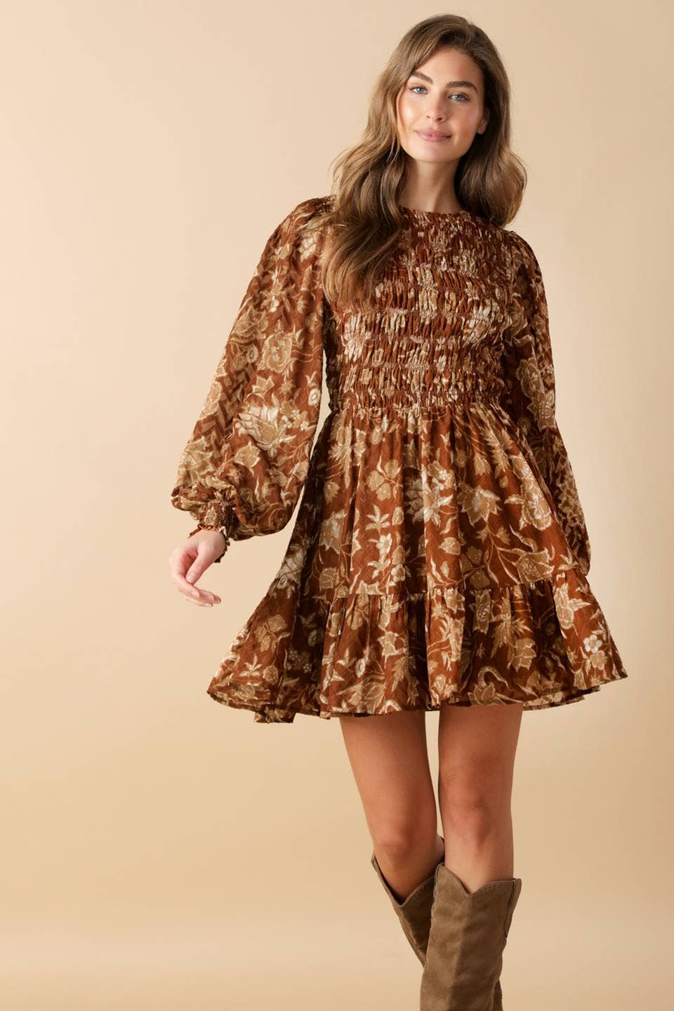 A printed woven mini dress - ID21854: Brown / Contemporary / S