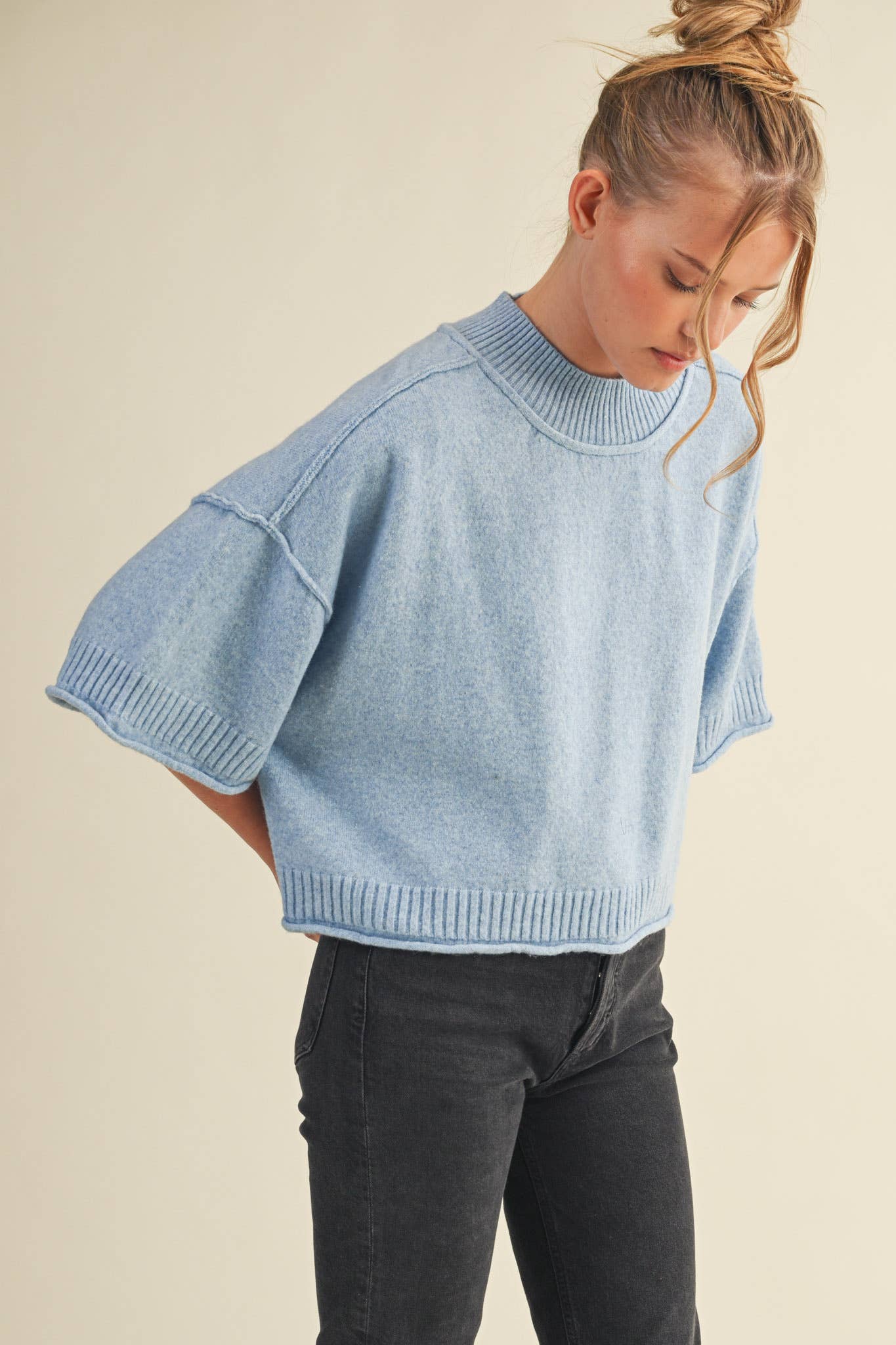 MARLED KNIT MOCK NECK SHORT SLEEVE SWEATER MSW11178: Mocha Mousse / S
