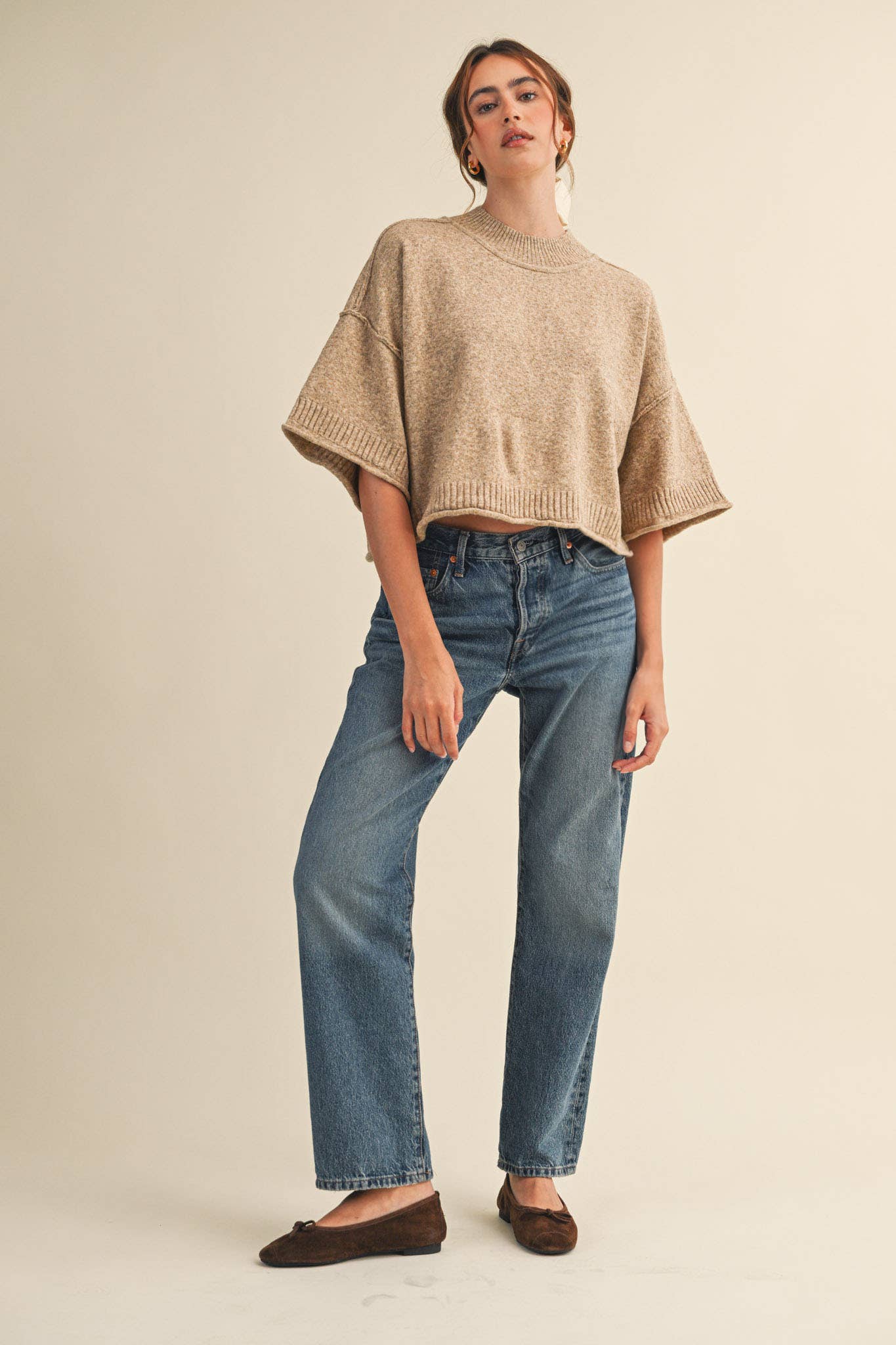 MARLED KNIT MOCK NECK SHORT SLEEVE SWEATER MSW11178: Mocha Mousse / S