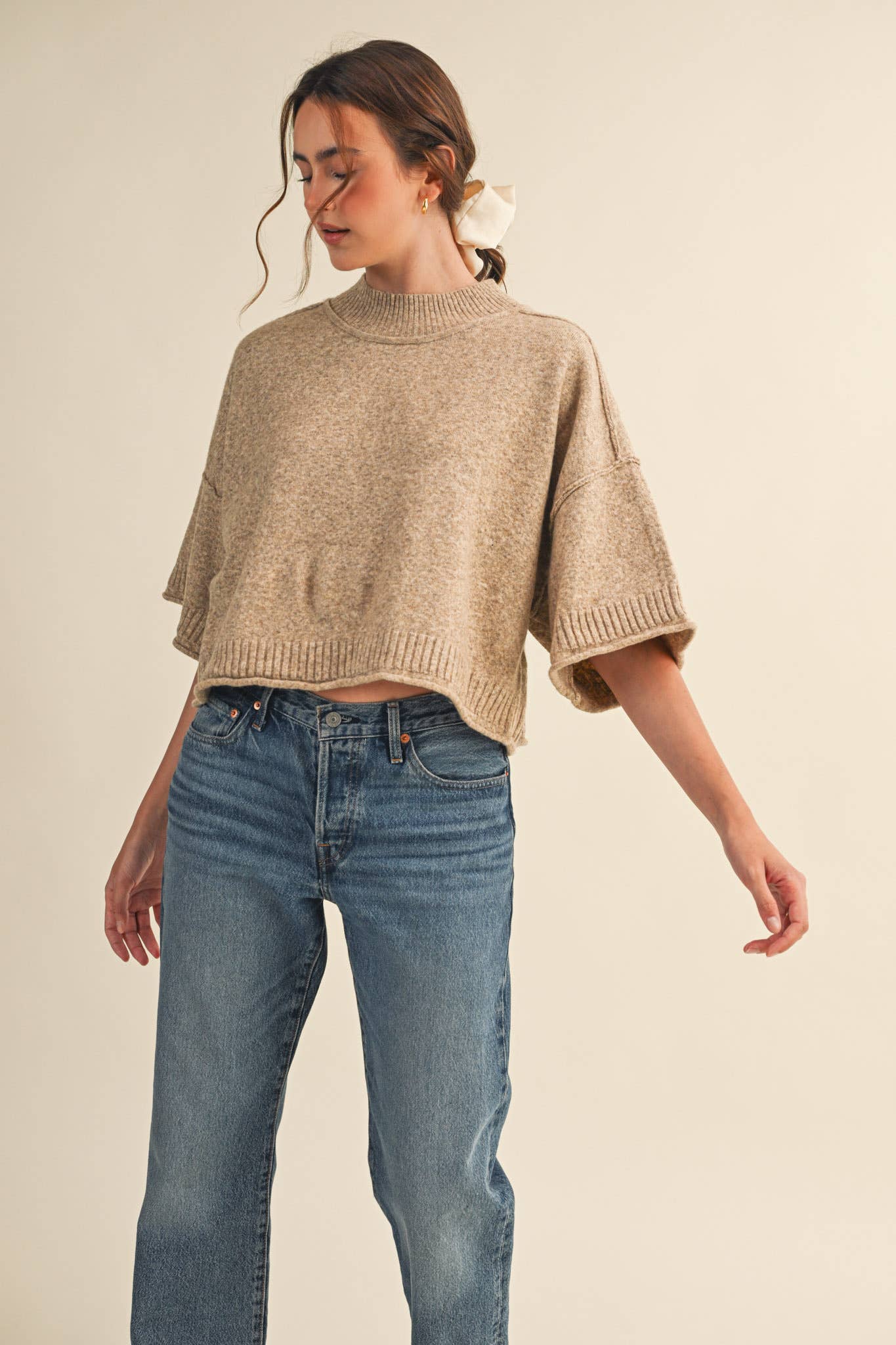 MARLED KNIT MOCK NECK SHORT SLEEVE SWEATER MSW11178: Mocha Mousse / S