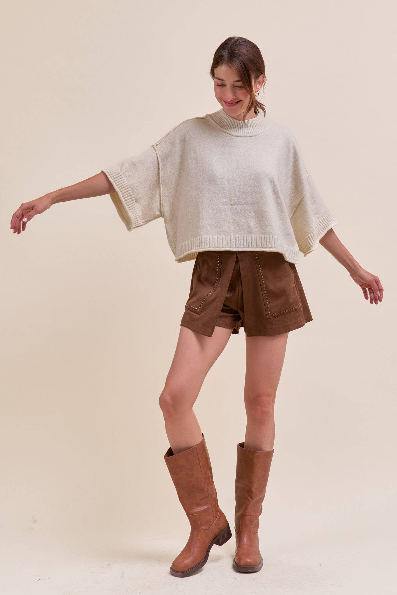 MARLED KNIT MOCK NECK SHORT SLEEVE SWEATER MSW11178: Mocha Mousse / S